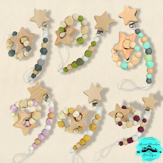 Pacifier Clip & Teething Ring Set